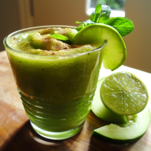 A glass of our vibrant Minted Melon Mixer Smoothie, brimming with freshness and bursting with goodness, garnished with a zesty slice of lime and crisp mint leaves, rests invitingly on a natural wooden surface. Surrounding the glass are extra lime wedges and refreshing cucumber slices, perfectly complementing this nutrient-packed delight. Sunlight streams through a nearby window, adding an eco-friendly sparkle to this healthful treat from Zestful Blends.