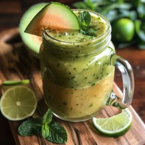 Introducing our vibrant Minted Melon Mixer Smoothie, served in a chic mason jar and topped with a luscious slice of cantaloupe and fresh mint leaves. This layered green and yellow delight is bursting with goodness, combining the refreshing flavors of melon and herbs. Surrounding the jar are fresh lime slices and more mint leaves, adding a zesty touch to this revitalizing smoothie—perfectly showcasing Zestful Blends' commitment to freshness, health benefits, and eco-friendly practices. Dive into layers of deliciousness that nourish your body while tantalizing your taste buds!