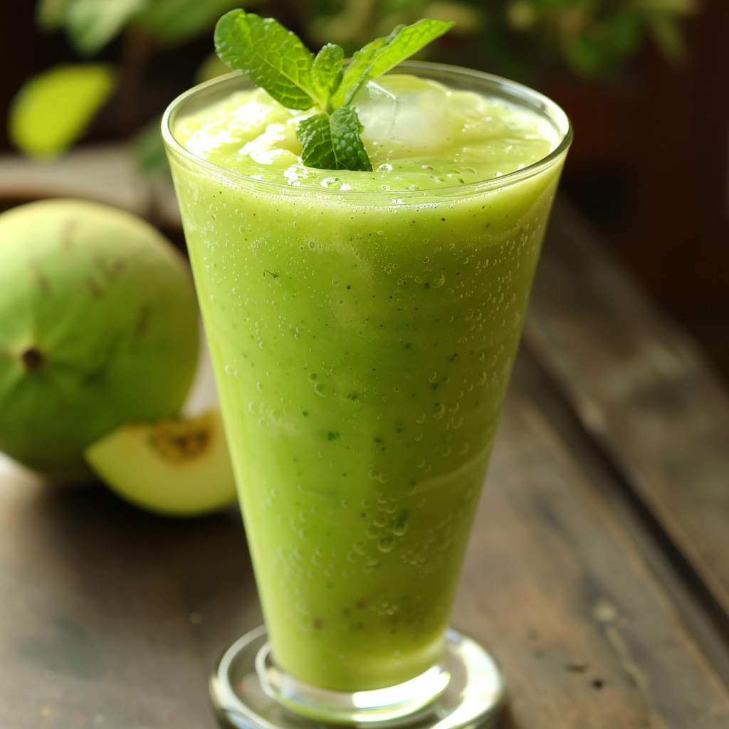 A tall glass of our Minty Green Guava Smoothie, bursting with goodness and garnished with a fresh sprig of mint and ice cubes. This creamy delight sits atop a rustic wooden surface, exuding freshness and vitality. In the background, a lush green melon peeks into view, underscoring the natural ingredients we cherish. At Zestful Blends, our smoothies are not just drinks; they’re vibrant health-boosters crafted for your wellness journey. Plus, we’re committed to eco-friendly practices in every blend we create!