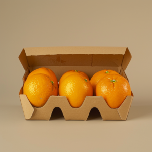 A bright, eco-friendly cardboard carton brimming with six luscious, vibrant oranges arranged in neat rows against a clean backdrop. Our Orange Package is an open invitation to savor nature's zestful bounty, bursting with goodness and health benefits.