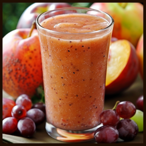 A vibrant glass of our invigorating Orchard Breeze Blend stands proudly, surrounded by luscious red apples, juicy peach halves, and plump red grapes. This mouthwatering smoothie boasts an enticing orange-pink hue, speckled with nutrient-rich seeds that hint at a delicious medley of fresh fruits. In the background, more fruit awaits in soft focus—evidence of the wholesome goodness we pack into every refreshingly healthy sip. At Zestful Blends, we're committed to delivering nature's bounty directly to you while championing eco-friendly practices for a greener planet. Drink up and feel the vitality!