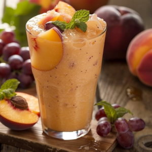 Experience the ultimate freshness with our Orchard Breeze Blend smoothie, a vibrant delight served in a tall glass and garnished with succulent peach slices and a sprig of mint. Bursting with goodness, this invigorating treat features orchard-fresh peaches and grapes scattered around the rustic wooden table, capturing the essence of wholesome vitality. At Zestful Blends, we're committed to delivering delicious health benefits in every sip while embracing eco-friendly practices that honor nature's bounty. Indulge yourself in the crisp flavors and rejuvenating energy of our premium blends, perfect for fueling your day with natural goodness.