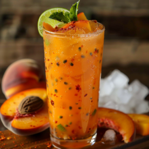 Indulge in our Papaya Lime Quencher, a tall glass of vibrance and health! Bursting with goodness, this refreshing drink features passionfruit seeds, chunks of ripe mango, and a sprinkle of zesty chili powder. A garnish of lime and mint leaves adds an extra layer of freshness. Surrounding the glass are juicy peach slices, cool ice cubes, and a whole nutmeg seed—completing this eco-friendly delight. Experience the essence of Zestful Blends' commitment to natural wellness with every sip!