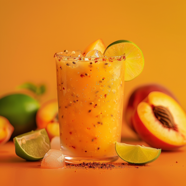 Experience the vibrant and refreshing zest of Zestful Blends' Papaya Lime Quencher! This revitalizing drink, bursting with goodness, is garnished with nutrient-packed chia seeds and served in an eco-friendly glass rimmed with mineral-rich salt. The glowing orange beverage features invigorating ice cubes, a lush slice of peach, and a zesty lime wedge on the rim. Surrounding this nourishing delight are fresh whole and halved peaches, succulent papaya slices, and tangy limes—all set against an energizing orange backdrop. Indulge in our health-boosting creations that prioritize both your well-being and the planet!