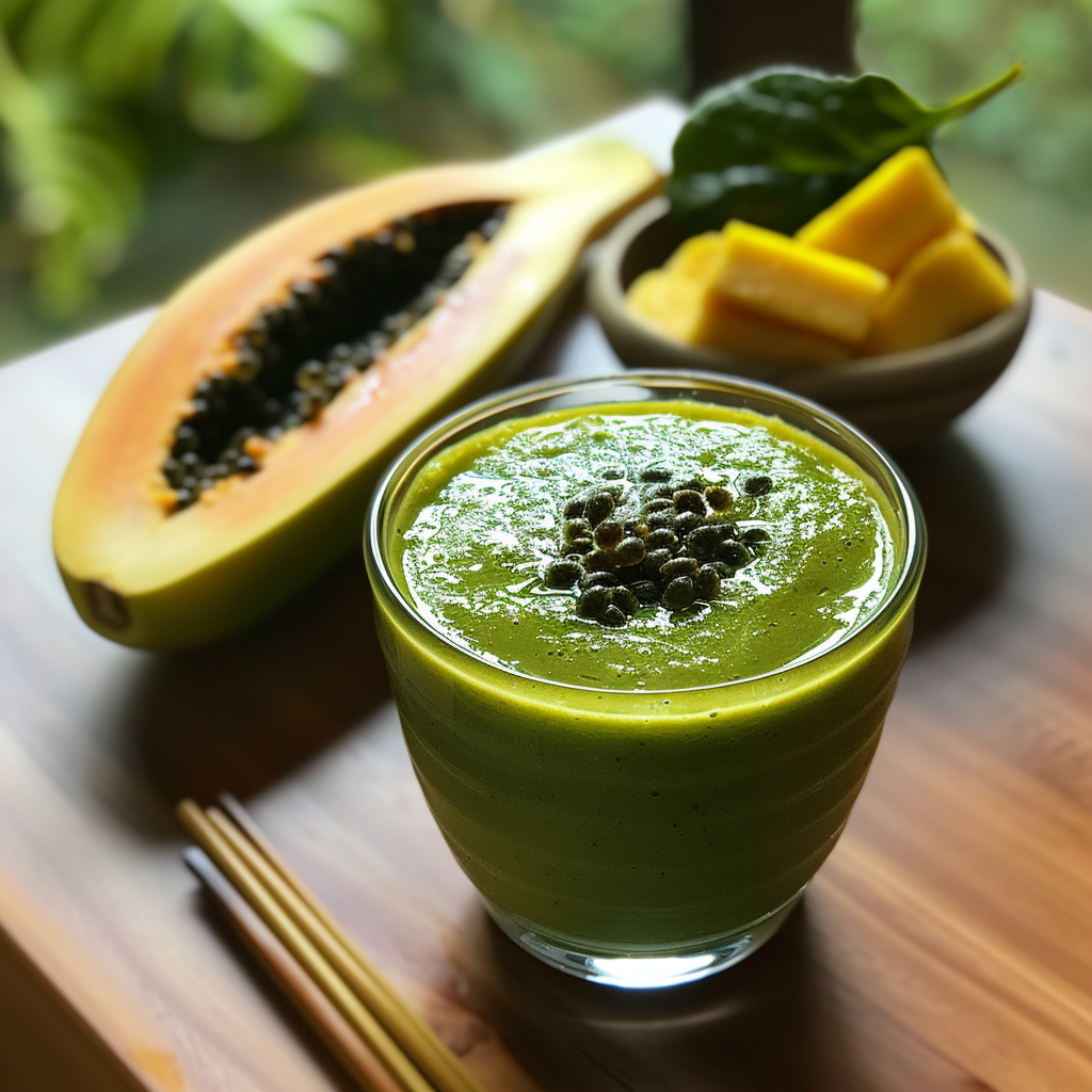 Indulge in the vibrant Papaya Paradise Smoothie, a refreshing blend bursting with goodness! Topped with nutrient-rich chia seeds, this smoothie sits elegantly in a glass, showcasing a lush backdrop of greenery. Surrounding it are fresh-cut papaya halves and a colorful bowl of pineapple chunks and spinach leaves—ingredients that promise paradise in every sip. Wooden chopsticks rest nearby, echoing our commitment to eco-friendly choices. Dive into health and freshness with Zestful Blends today!