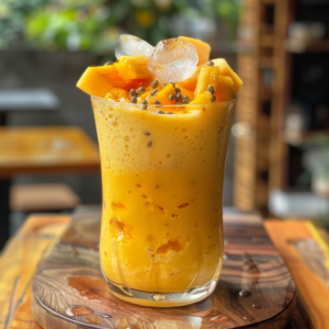 A glass filled with our vibrant and creamy Papaya Passion Potion, bursting with goodness! Topped with succulent fresh mango chunks, refreshing ice cubes, and a sprinkle of nutrient-packed chia seeds. This health-boosting smoothie sits invitingly on a rustic wooden table against a lush green backdrop. Enjoy the perfect blend of freshness and wellness in every sip. Zestful Blends – where nature's best meets eco-friendly delight!