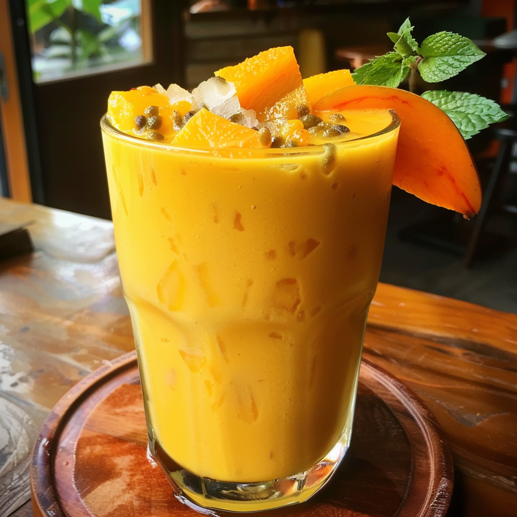 Experience the zest of health and vibrancy with our Papaya Passion Potion, bursting with goodness! This refreshing glass of sunshine features a bright yellow papaya smoothie, garnished with succulent chunks of fresh mango, cooling ice cubes, a sprig of mint leaves, and a delightful slice of papaya on the rim. Served on a rustic wooden table in our cozy and warmly lit café that embodies passion for wellness. Enjoy the perfect blend of flavor and nutrition while supporting eco-friendly practices at Zestful Blends!