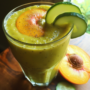 A glass of Peachy Green Serenity, bursting with goodness and garnished with three fresh cucumber slices and a luscious peach slice, elegantly served on a rustic wooden table. Beside the glass, you'll find a perfectly halved peach and a crisp cucumber slice, highlighting the fresh ingredients that make this smoothie so invigorating. Sprinkled with black pepper for an added zing, this soothing green delight embodies health and vitality with its refreshing hue and delightful peachy essence. Enjoy this eco-friendly treat from Zestful Blends—your source for vibrant fruit salads, revitalizing juices, wholesome snacks, nutrient-packed smoothies, whole fruit packs brimming with freshness, and decadent desserts that nourish your body and soul.