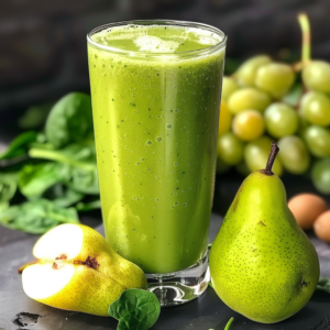 A tall glass of Pear Perfection Smoothie stands proudly amidst an array of fresh, vibrant ingredients—whole and halved pears, green grapes, and crisp spinach leaves—all set against a sleek dark surface. This thick and frothy smoothie is bursting with goodness, evident in the glistening bubbles that accentuate its ultimate freshness. Enjoy a taste of health in every sip with Zestful Blends' eco-friendly promise to deliver nature’s best!