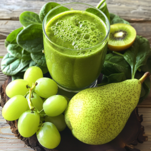 A glass of our Pear Perfection Smoothie stands proudly amidst a bounty of fresh, vibrant produce - think juicy green grapes, a succulent speckled pear, refreshing kiwi slices, and crisp spinach leaves. This symphony of nature’s finest is artfully arranged on a rustic wooden surface. Every sip bursts with goodness, embodying the health benefits and incredible freshness that Zestful Blends promises. Our commitment to eco-friendly practices ensures that you enjoy nature's best in every delicious gulp!