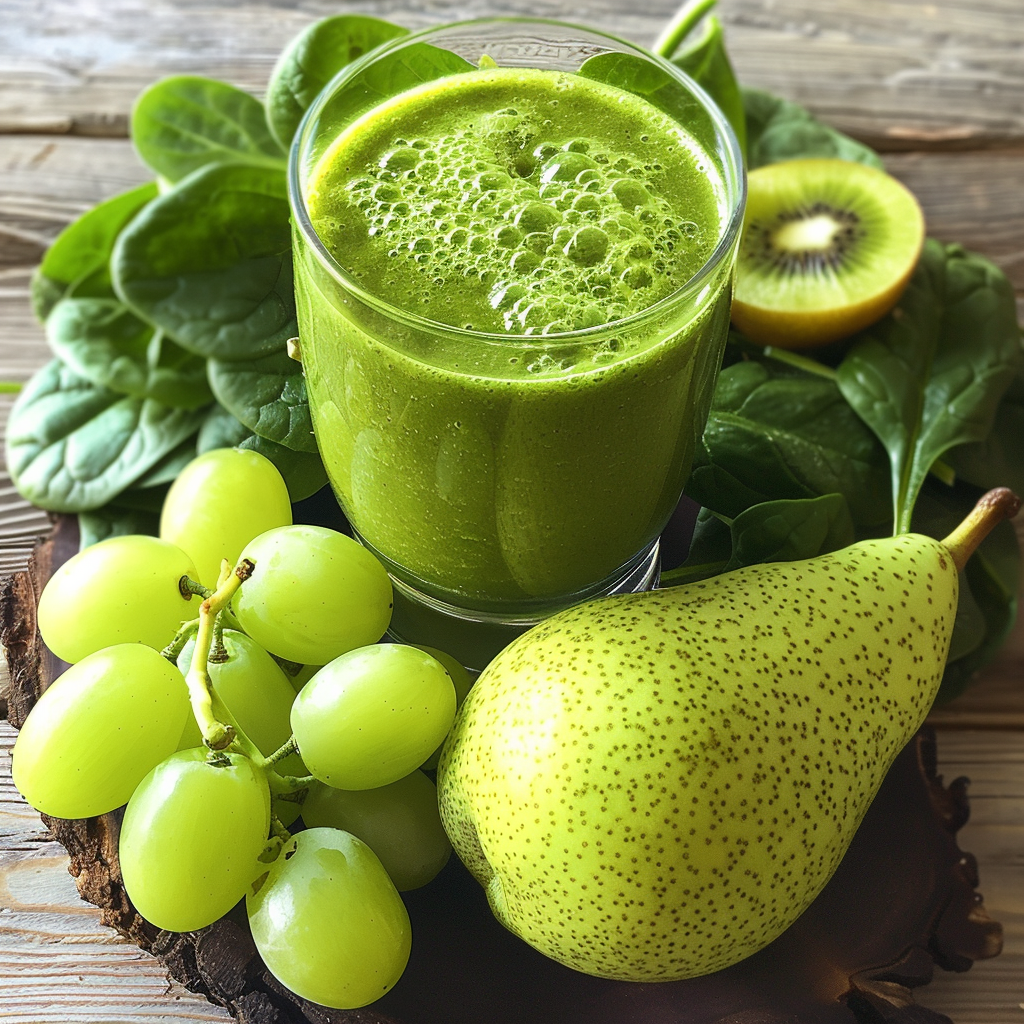 A glass of our Pear Perfection Smoothie stands proudly amidst a bounty of fresh, vibrant produce – think juicy green grapes, a succulent speckled pear, refreshing kiwi slices, and crisp spinach leaves. This symphony of nature’s finest is artfully arranged on a rustic wooden surface. Every sip bursts with goodness, embodying the health benefits and incredible freshness that Zestful Blends promises. Our commitment to eco-friendly practices ensures that you enjoy nature’s best in every delicious gulp!