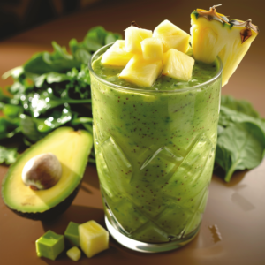 Experience the vibrant essence of Zestful Blends with our Pear Pineapple Paradise smoothie! Bursting with goodness, this refreshing elixir is a harmonious blend of juicy pineapple chunks and lush pear slices, taking you straight to paradise. Garnished to perfection with a festive pineapple slice, each sip offers a taste of tropical bliss. Paired perfectly with fresh spinach leaves and creamy avocado halves, this health-boosting delight promises unparalleled freshness. Displayed on an eco-friendly wooden table setting that complements the natural ingredients, our wholesome creation epitomizes Zestful Blends' commitment to quality and sustainability. Indulge in vitality—savor every moment!