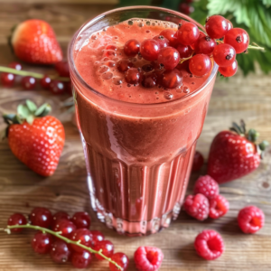 A tall glass of our Berry Sunrise Smoothie, bursting with goodness, sits center stage. This vibrant blend is garnished with a cluster of luscious red currants, embodying freshness and vitality. Surrounding the smoothie are radiant strawberries, juicy raspberries, and additional red currants—all echoing the promise of nature's best. The serene green leaves faintly visible in the background add a touch of tranquility to this powerhouse of health benefits. Indulge in the ultimate Zestful Blends experience—where every sip and bite supports your wellness journey while being kind to our planet.