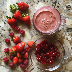 A pristine marble counter proudly displays an array of our vibrant and fresh offerings at Zestful Blends. Plump, juicy strawberries and raspberries mingle with a glass pitcher brimming with radiant red currants, each one bursting with goodness. Beside them sits a clear container holding our frothy Berry Sunrise Smoothie, expertly crafted to nourish and energize your day. This captivating setup highlights the impeccable freshness of our fruit selections and the invigorating health benefits found in every sip of our homemade smoothies. Experience nature's best while supporting eco-friendly choices with Zestful Blends.