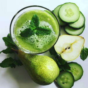 Experience the vitality of our Pear 'n Peppermint Smoothie, a revitalizing blend bursting with goodness! Served in a glass and elegantly garnished with a mint leaf, this delightful creation is surrounded by fresh cucumber slices, juicy pear halves, whole pears, and fragrant mint leaves. Each ingredient is thoughtfully chosen to offer maximum freshness and health benefits. Zestful Blends takes pride in crafting nutritious delights that not only nourish your body but also support sustainable practices. Dive into this eco-friendly treat on a pristine white surface for an extra touch of elegance!