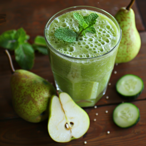 A vibrant Pear 'n Peppermint Smoothie brimming with healthful goodness graces a rustic wooden surface, garnished with a fresh peppermint leaf. Encircling this refreshing delight are whole pears, a juicy halved pear, and crisp cucumber slices. Sprinkled mint leaves and tiny seeds add an extra touch of organic freshness, all coming together to showcase Zestful Blends' commitment to eco-friendly, nutrient-rich products. Bursting with natural vitality––this is the essence of pure refreshment!