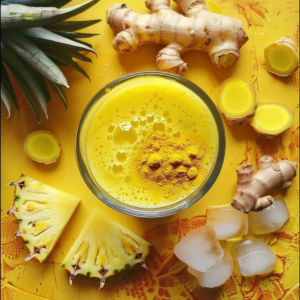 A vibrant yellow smoothie, the Pineapple Ginger Spark, brimming with turmeric powder in a sleek glass. Surrounded by fresh pineapple slices, robust ginger roots, and refreshing ice cubes on a sunny yellow backdrop—it’s bursting with goodness! This delightful blend epitomizes Zestful Blends' commitment to health and freshness with every sip. Enjoy the invigorating benefits and eco-friendly essence of our carefully crafted smoothies as part of your wholesome journey.