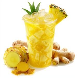 Experience the vibrant burst of goodness with our Pineapple Ginger Spark! This refreshing delight, chilled with crisp ice cubes and crowned with a juicy pineapple slice and fresh green leaves, is your perfect healthful refreshment. Nestled in an eco-friendly clear cup, this invigorating blend showcases the zesty flavors of ginger roots and the golden allure of turmeric powder—each element meticulously arranged to promise a revitalizing treat that's as visually stunning as it is beneficial for you. Dive into nature's best with Zestful Blends and savor every sip packed with freshness and wellness! 🌿🍍✨