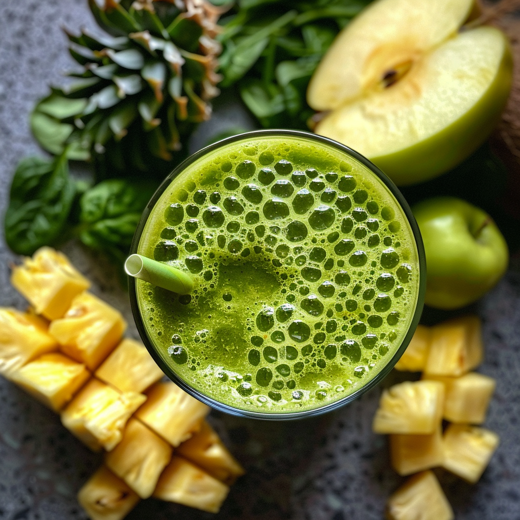 A vibrant glass of our Pineapple Green Dream Smoothie takes center stage, bursting with goodness and surrounded by the freshest ingredients. Juicy pineapple chunks, crisp spinach leaves, and luscious green apples invite you to indulge in a delightful blend that promises both flavor and health benefits. Topped with a frothy finish and eco-friendly green straw, this smoothie epitomizes Zestful Blends’ commitment to wellness and sustainability. Sip into vitality today!