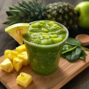 Behold the "Pineapple Green Dream Smoothie," a vibrant green delight bursting with goodness! Nestled in a clear cup, this refreshing smoothie is garnished with a luscious slice of pineapple and a wedge of lime, echoing its rich, tropical flavors. Set upon an artisanal wooden board, it’s surrounded by crisp spinach leaves, juicy pineapple chunks, and the majestic whole pineapple in the background. An apple and a charming wooden bowl complete this fresh arrangement. Elevate your day with nature’s finest blend of nutrients – Zestful Blends’ commitment to health and eco-friendly choices ensures every sip is as good for you as it is for the planet!