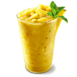 A tall glass brimming with our creamy, yellow Pineapple Paradise Smoothie, topped with luscious pineapple chunks. Garnished with a vibrant wedge of ripe pineapple and a sprig of fresh mint, this tropical delight delivers paradise in every sip. Bursting with goodness and packed with essential nutrients, this refreshing treat not only tantalizes your taste buds but also fuels your body with natural energy. Enjoy the essence of tropical freshness while embracing Zestful Blends' commitment to health and eco-friendly practices.