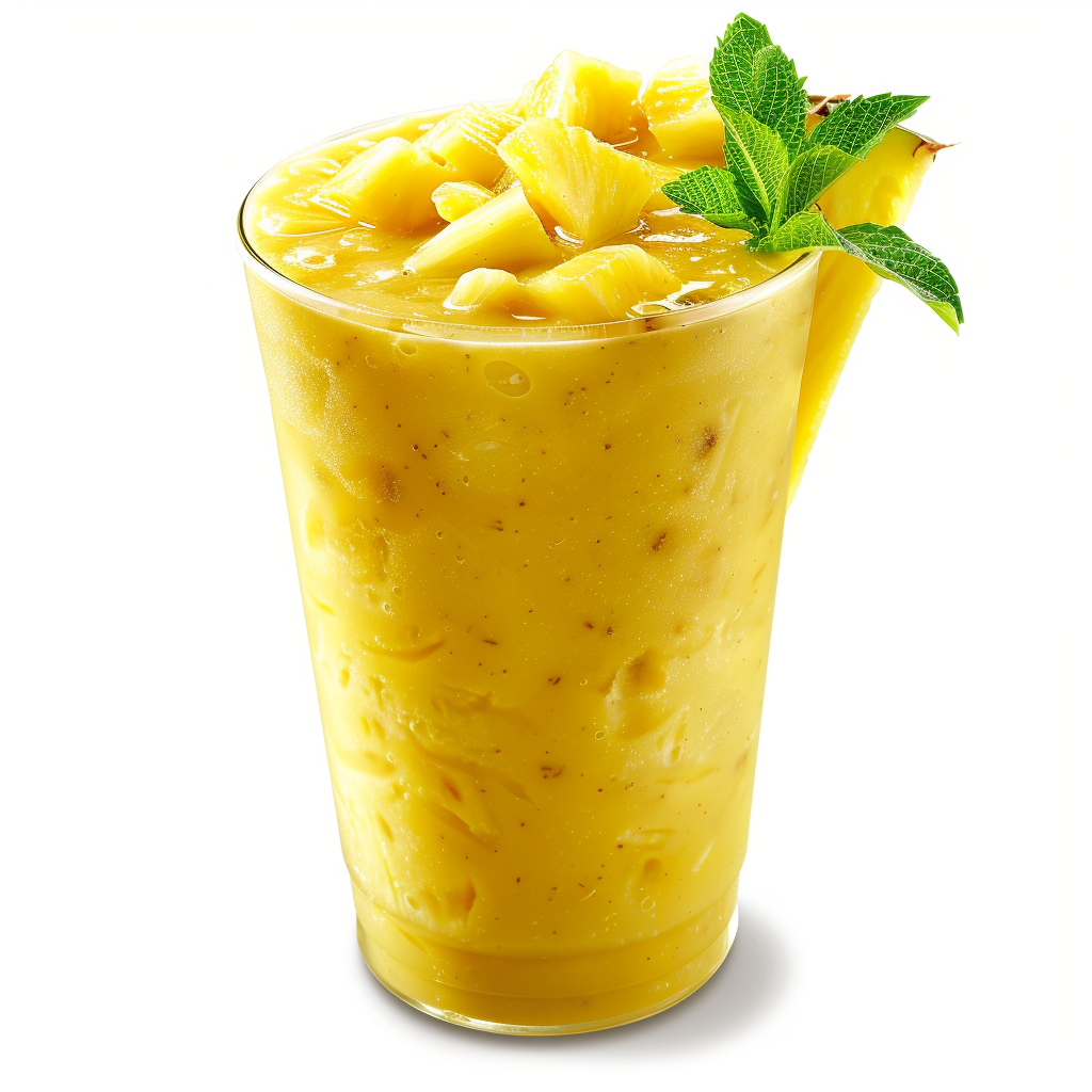 A tall glass brimming with our creamy, yellow Pineapple Paradise Smoothie, topped with luscious pineapple chunks. Garnished with a vibrant wedge of ripe pineapple and a sprig of fresh mint, this tropical delight delivers paradise in every sip. Bursting with goodness and packed with essential nutrients, this refreshing treat not only tantalizes your taste buds but also fuels your body with natural energy. Enjoy the essence of tropical freshness while embracing Zestful Blends’ commitment to health and eco-friendly practices.