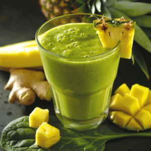 A glass of our vibrant green Pineapple Pep Smoothie, bursting with goodness and garnished with juicy pineapple slices. Surrounding the smoothie are fresh, nutrient-packed ingredients including crisp spinach leaves, zesty ginger, succulent pineapple chunks, and luscious mango pieces. The bright and lively setting reflects the freshness of our offerings at Zestful Blends—a pep in your step with every sip! Embrace health and wellness while enjoying eco-friendly choices that nourish you from the inside out.