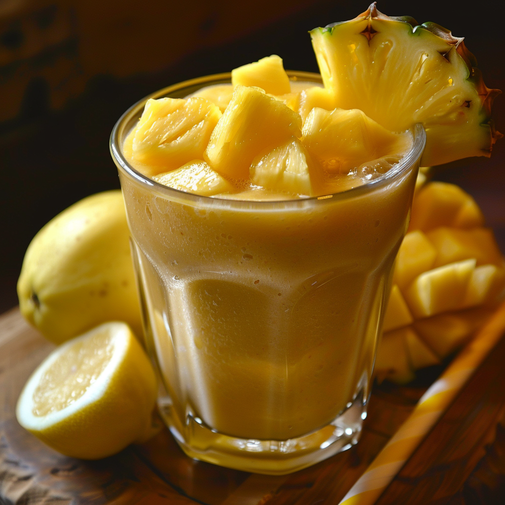 Indulge in the Pineapple Persuasion Smoothie: a luscious blend bursting with goodness! This creamy, yellow sensation is topped with fresh pineapple chunks and elegantly garnished with a juicy slice on the rim. Nestled amidst vibrant whole and sliced pineapples and a zesty lemon on a rustic wooden surface, it’s an invitation to savor pure freshness. A cheerful yellow straw lies invitingly beside the glass, ready to whisk you away into this tropical delight. Enjoy our eco-friendly packaging as you treat yourself to this nutritious powerhouse from Zestful Blends—where health meets exquisite taste in every sip!