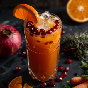 A tall glass of our Pomegranate Citrus Squeeze, bursting with goodness and garnished with refreshing ice cubes, a vibrant orange slice, and jewel-like pomegranate seeds. Set against a sleek dark backdrop, the scene is delightfully adorned with whole pomegranates, juicy citrus halves, and fresh herbs, showcasing the vitality and freshness of Zestful Blends. Indulge in this revitalizing drink that embodies health benefits in every sip. Plus, enjoy knowing our eco-friendly processes ensure you’re caring for yourself and the planet!