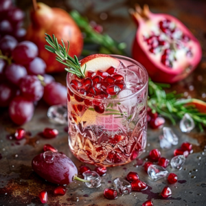 A vibrant, refreshing cocktail garnished with luscious pomegranate arils and a crisp sprig of rosemary in a sleek glass, surrounded by juicy pomegranate halves, plump grapes, and glistening ice cubes on a rustic surface. This drink is bursting with goodness, featuring an orchard-fresh blend of fruits from our Pomegranate Orchard Blend. It highlights the vibrant and appetizing presentation that embodies the essence of Zestful Blends' commitment to health benefits and unmatched freshness. Experience the ultimate indulgence in natural flavors with our eco-friendly approach.