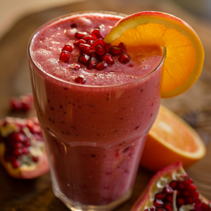 A glass of our vibrant Pomegranate Sunset Smoothie, garnished with a zesty orange slice and sprinkled with jewel-like pomegranate seeds, resting on a rustic wooden surface. In the background, a captivating arrangement of pomegranate and orange halves reminiscent of a radiant sunset awaits. This smoothie is bursting with creamy goodness and delightful fruit bits, offering not just flavor but wholesome health benefits in every sip. At Zestful Blends, we’re committed to freshness and sustainability—indulge in nature's bounty while savoring eco-friendly deliciousness!