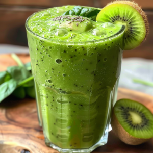 A tall glass of our invigorating Prickly Pear Power Smoothie, crowned with a luscious slice of kiwi and a sprinkling of nutrient-rich chia seeds, radiates vibrant health and energy. Fresh spinach stands proudly in the background, symbolizing the garden-fresh ingredients we use for maximum health benefits. An additional kiwi cut in half rests on the eco-friendly wooden surface, ready to add an extra burst of goodness. This delicious blend is just one part of Zestful Blends' array of mouthwatering fruit salads, revitalizing juices, wholesome snacks, refreshing smoothies, whole fruit packs bursting with freshness, and indulgent yet healthy desserts. Experience the zest for life with every sip!