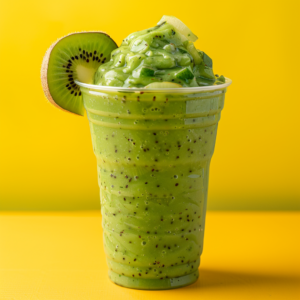 A clear, eco-friendly cup brimming with our thick and vibrant Prickly Pear Power Smoothie takes center stage against a radiant yellow backdrop. This nutritious blend is bursting with goodness and speckled with black kiwi seeds, promising every sip to be a refreshing delight. Topped with a slice of fresh kiwi, this smoothie radiates health benefits and the unparalleled freshness that Zestful Blends is known for. Enjoy the energizing flavors and wholesome ingredients in every delicious drop!