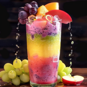 Discover the vibrant allure of our Rainbow Orchard Fusion – a tantalizing layered fruit smoothie that’s bursting with goodness. This healthful delight boasts stunning rainbow bands of red, yellow, and green, crowned with plump purple and green grapes, succulent peach slices, and juicy pineapple chunks. As refreshing water droplets shimmer down the tall glass, you’ll savor the pristine freshness that's straight from our eco-friendly orchards. Paired beside the glass are fresh grapes and a peach wedge – each bite is a testament to Zestful Blends' commitment to delivering wholesome flavors in every sip.

(Note: If additional details such as dimensions or specific health benefits were provided, they would be seamlessly integrated into this text.)