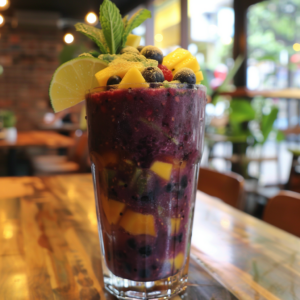 A tall glass filled with our signature Rainforest Rhapsody, bursting with goodness and garnished with succulent mango chunks, plump blueberries, a vibrant slice of lime, fresh mint leaves, and a delicate sprinkle of powdered sugar. This refreshing treat sits on a rustic wooden table in our cozy café bathed in sunlight and surrounded by lush green plants—capturing the essence of nature’s bounty. Every sip is a delightful blend of health benefits and absolute freshness from Zestful Blends!