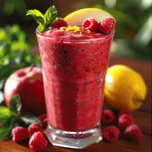 Experience the zesty burst of health with our Raspberry Refresher Smoothie! This vibrant red delight, garnished with fresh raspberries, a tangy lemon slice, and rejuvenating mint leaves, sits tall and proud in its glass. Around it, nature's bounty—plump raspberries, a crisp red apple, a zesty lemon, and aromatic mint sprigs—showcase the freshness and vitality that define Zestful Blends. Our smoothies are more than just delicious; they're eco-friendly choices brimming with goodness to energize your day. Savor the taste of pure wellness! 🌿🍋🍏