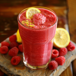 A tall glass brimming with our vibrant Raspberry Refresher Smoothie, crowned with a delicate lemon slice and zest. Surrounding the glass, luscious raspberries hint at the burst of goodness within. Perfectly presenting freshness and flavor on a rustic wooden surface, this smoothie is a testament to Zestful Blends’ commitment to health and eco-friendly deliciousness. Treat yourself to nature's finest ingredients in every sip!