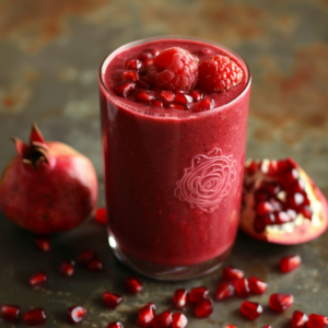 A vibrant red Raspberry Rosewater Bliss Smoothie in a clear glass, brimming with the refreshing essence of rosewater and topped with juicy raspberries and pomegranate seeds. Bursting with goodness, this delightful smoothie showcases the perfect blend of health benefits and freshness. Surrounding the glass are whole pomegranates, including one artfully split open to reveal its glossy seeds, adding a touch of vibrancy. Scattered pomegranate seeds complete this dynamic display of nature's finest ingredients. Experience the zest for life with every sip! Eco-friendly and packed with wholesome nutrients, this assemblage is designed to invigorate your day.