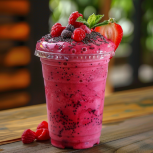 Experience the burst of goodness with Zestful Blends' Red Dragon Delight Smoothie! This vibrant pink blend is a symphony of health benefits and ultimate freshness, served in an eco-friendly clear cup. Topped with succulent fresh raspberries, blueberries, strawberries, nutrient-rich chia seeds, and a sprig of refreshing mint, this smoothie is your daily dose of vitality. Set against the serene backdrop of lush green foliage on a rustic wooden table—it's more than a drink; it's a celebration of nature's best offerings. Sip sustainably and feel amazing with every refreshingly delicious gulp!