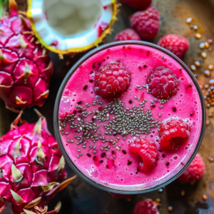 Immerse yourself in the **Red Dragon Delight Smoothie** from Zestful Blends, a bright pink masterpiece bursting with goodness! Our vibrant smoothie is crowned with chia seeds and fresh raspberries, surrounded by whole raspberries and succulent slices of dragon fruit. Handcrafted to invigorate your senses, this delightful blend promises a refreshing burst of health benefits and vitality. Enjoy the uplifting power of nature in every sip and feel good knowing you're choosing eco-friendly ingredients that are as kind to the planet as they are nourishing to you.