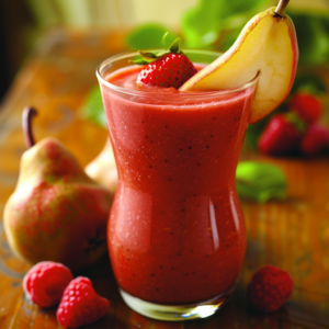 Indulge in the vibrant flavors of our Red Pear-adise Smoothie, a delightful blend bursting with goodness! Served in a tall glass and elegantly garnished with a fresh strawberry and pear slice, this smoothie promises not only refreshment but also a boost of health benefits. Surrounding the glass are whole red pears, juicy raspberries, and strawberries, showcasing the pure freshness of our ingredients. At Zestful Blends, we pride ourselves on offering eco-friendly options packed with nature’s best nutrients—making your choice deliciously smart for both you and the planet.