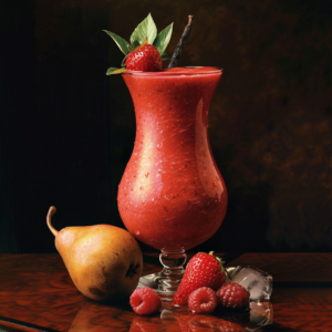 A tall, elegantly curved glass brimming with our vibrant Red Pear-adise Smoothie, crowned with a fresh, juicy strawberry. Surrounding this delightful drink are crisp pears and succulent strawberries and raspberries, all resting on a bed of gleaming ice cubes. Experience the essence of freshness and health benefits in every sip! Bursting with goodness, this smoothie is part of our eco-friendly range that includes revitalizing fruit salads, nutritious juices, wholesome snacks, refreshing smoothies, convenient whole fruit packs, and indulgent desserts. Embrace a zestful life with Zestful Blends!