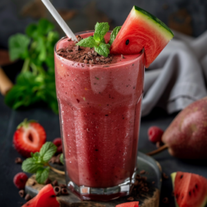 Experience the vibrant refreshment of our Red Velvet Melon Smoothie, bursting with goodness and served in a tall glass. Garnished with a juicy slice of watermelon, a fragrant sprig of mint, and decadent chocolate shavings, this smoothie is your gateway to healthful indulgence. Set against an inviting rustic wooden backdrop adorned with fresh strawberries, raspberries, and mint leaves. Zestful Blends delivers peak freshness and eco-friendly ingredients in every sip—your perfect blend of flavor and wellness!