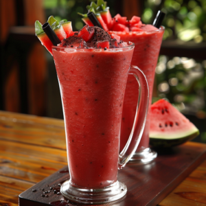 Two tall glasses brimming with our vibrant Red Velvet Melon Smoothie, bursting with the natural sweetness of fresh watermelon. Each glass is artfully garnished with juicy watermelon slices and sleek black straws, set against a rustic wooden surface. A tantalizing slice of watermelon peeks out in the background, framed by a beautifully blurred outdoor setting that accentuates the freshness and vitality of our ingredients. This smoothie not only delights your taste buds but also delivers incredible health benefits, embodying Zestful Blends' commitment to goodness and eco-friendly practices. Savor wellness in every sip!