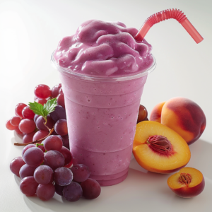 A Ruby Grape Twirl Smoothie in a clear cup with a bendy pink straw, surrounded by fresh ruby grapes and halved yellow peaches – capturing Zestful Blends' refreshing and vibrant vibe. Bursting with goodness, this smoothie exemplifies our commitment to health and freshness. Enjoy the delicious fusion of flavors while knowing you're making an eco-friendly choice.