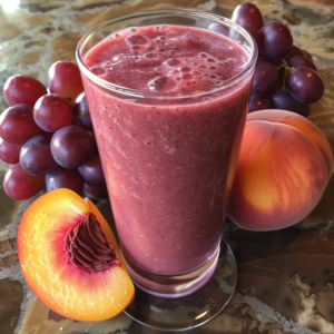 A tall glass of our thick and frothy Ruby Grape Twirl Smoothie sits elegantly on a marble surface, surrounded by bunches of vibrant ruby grapes and luscious peaches. Bursting with goodness, this smoothie showcases the freshest fruit ingredients, packed with essential vitamins and antioxidants. Enjoy a delicious blend that's as good for the planet as it is for your body! #ZestfulBlends #FreshAndHealthy #EcoFriendlyEats