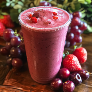 Bursting with goodness, our Ruby Red Rhapsody Smoothie takes center stage in a clear eco-friendly cup, exuding vibrant purple hues and garnished with plump red berries. This luscious smoothie is surrounded by fresh, juicy grapes, strawberries, and cherries on a rustic wooden table. The lush greenery blurred in the background adds to the freshness appeal of this health-boosting delight from Zestful Blends. Feel revitalized and indulge in pure vitality with every sip!