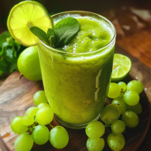 A tall glass brimming with our vibrant green Sage Citrus Squeeze Smoothie, bursting with freshness and health benefits. This invigorating blend is adorned with a slice of zesty lime and a fragrant sprig of mint, surrounded by plump green grapes and whole limes on a rustic wooden surface. At Zestful Blends, we prioritize eco-friendly ingredients to bring you snacks, juices, fruit salads, smoothies, whole fruit packs, and desserts that are always bursting with goodness.