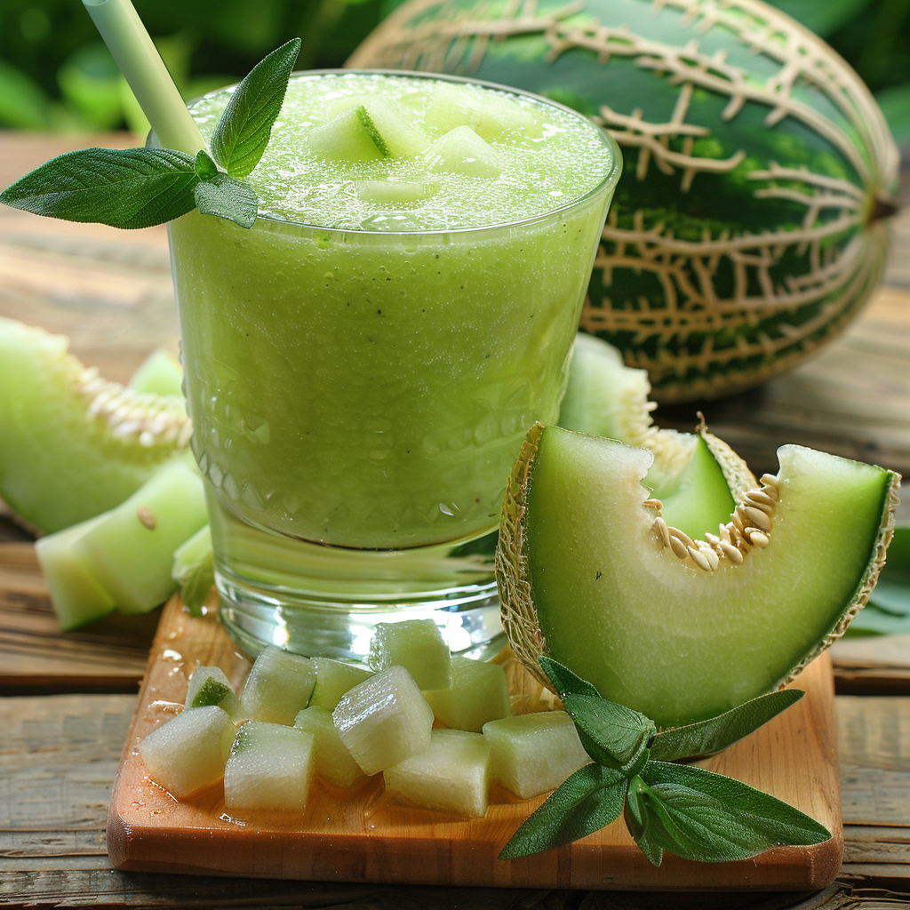 A vibrant and refreshing Sage Melon Soother Smoothie in a clear glass bursts with goodness, garnished with fresh mint leaves. Nestled on a rustic wooden board, the smoothie is surrounded by juicy honeydew melon slices and a whole melon in the background, highlighting its pure, farm-fresh origins. A straw invites you to sip healthful delight from this eco-friendly masterpiece by Zestful Blends – your go-to for deliciously nutritious fruit salads, juices, snacks, smoothies, whole fruit packs, and desserts.