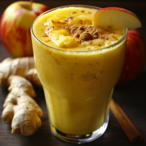 A golden glass of "Spiced Golden Delight Smoothie," bursting with goodness, garnished with a crisp apple slice and a sprinkle of cinnamon. Fresh ginger roots, juicy apples, and aromatic cinnamon sticks enhance the background. This vibrant yellow smoothie showcases our spiced turmeric blend, offering refreshing wellness in every sip. At Zestful Blends, we deliver health benefits and freshness through our eco-friendly process—experience the zest! 🌿🍏✨